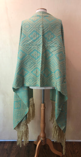 Mexican Rebozo Patzcuaro Michoacan Artesano Teal Biege Verde Azulado Handwoven Shawl Wrap Doula Baby Carrier