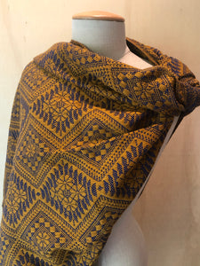 Mexican Rebozo Patzcuaro Michoacan Artesano Gold Blue Oro Azul Handwoven Shawl Wrap Doula Baby Carrier