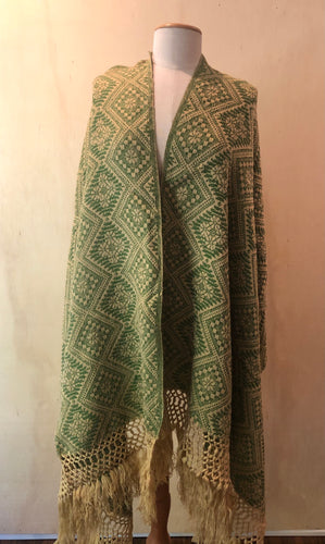 Mexican Rebozo Patzcuaro Michoacan Artesano Beige Green Verde Handwoven Shawl Wrap Doula Baby Carrier