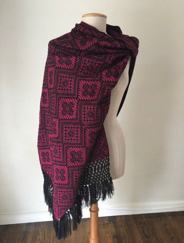 Mexican Rebozo Patzcuaro Michoacan Artesano Magenta Fuchsia Black Handwoven Shawl Wrap