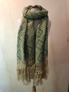 Mexican Rebozo Patzcuaro Michoacan Artesano Beige Green Verde Handwoven Shawl Wrap Doula Baby Carrier