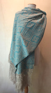 Mexican Rebozo Patzcuaro Michoacan Artesano Beige Teal Verde Azulado Mexicano Handwoven Shawl Wrap Doula Baby Carrier