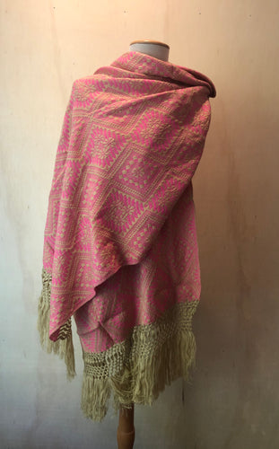 Mexican Rebozo Patzcuaro Michoacan Artesano Beige Bright Pink Rosa Mexicano Handwoven Shawl Wrap Doula Baby Carrier