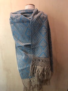 Mexican Rebozo Patzcuaro Michoacan Artesano Teal Biege Verde Azulado Handwoven Shawl Wrap Doula Baby Carrier