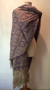 Mexican Rebozo Patzcuaro Michoacan Artesano Beige Purple Morado Handwoven Shawl Wrap Doula Baby Carrier