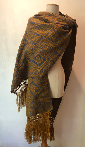 Mexican Rebozo Patzcuaro Michoacan Artesano Gold Blue Oro Azul Handwoven Shawl Wrap Doula Baby Carrier